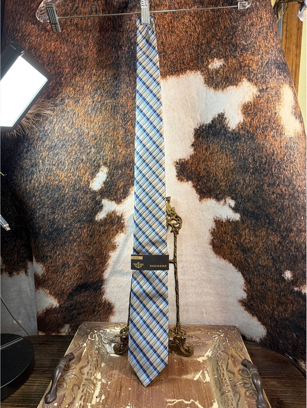 Dockers Classic Plaid Men's Tie Blue and Tan Cotton Blend